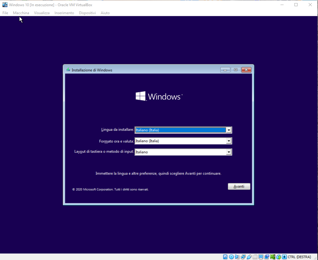 installazione di Windows 10