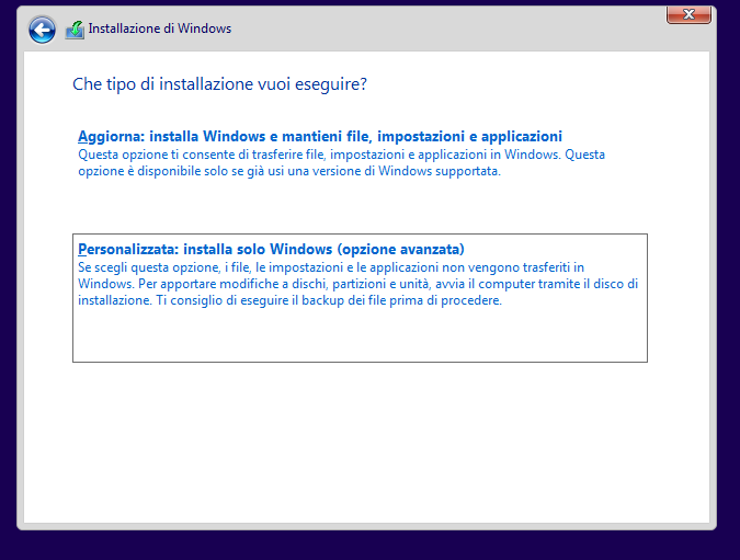 installazione di Windows 10