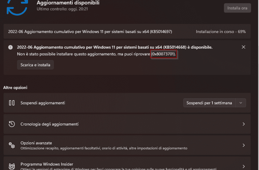 risolvere l’errore Windows Update 0x80073701