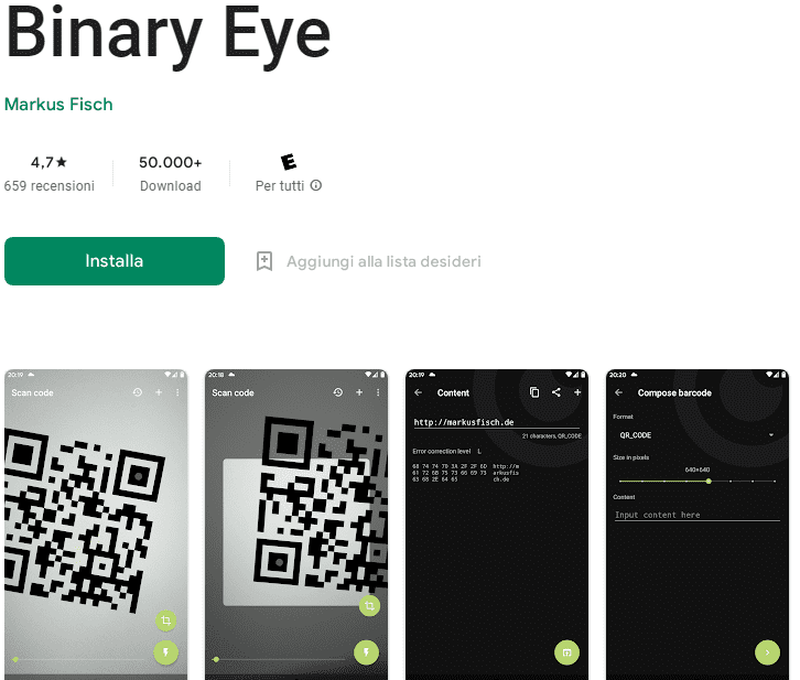 Generare codice a barre Android Binary Eye