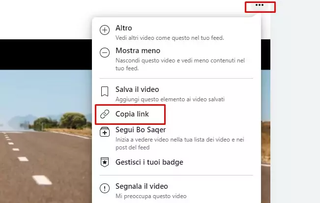 Per copiare il link di un video da Facebook