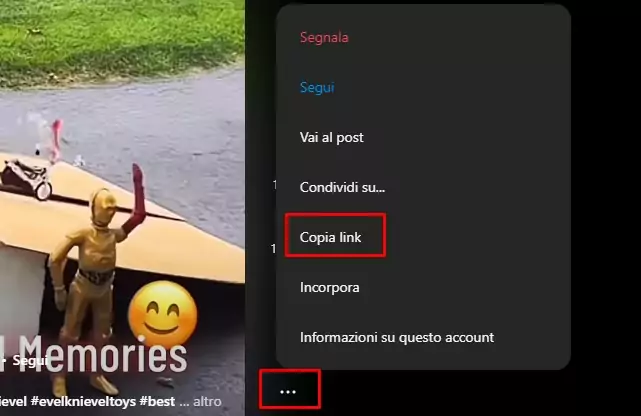 Per copiare il link di un video da Instagram