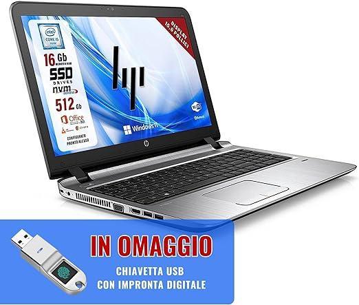 HP Probook, Pc Portatile Notebook intel core i5-6200U, Display HD da 15,6", Ram 16Gb, SSD 512 Gb, Pacchetto Office 2021, W11 Pro (Ricondizionato)
