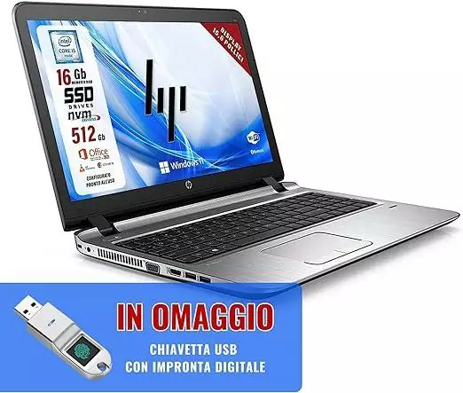 HP Probook, Pc Portatile Notebook intel core i5-6200U, Display HD da 15,6", Ram 16Gb, SSD 512 Gb, Pacchetto Office 2021, W11 Pro (Ricondizionato)