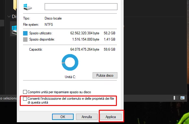 Disattivare l'indicizzazione del disco SSD