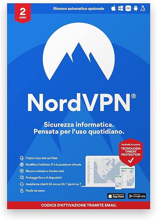 NordVPN Standard - Software di sicurezza informatica e VPN valido 2 anni | Blocca malware, link pericolosi e pubblicità | 2 Anni | Codice d'attivazione via email