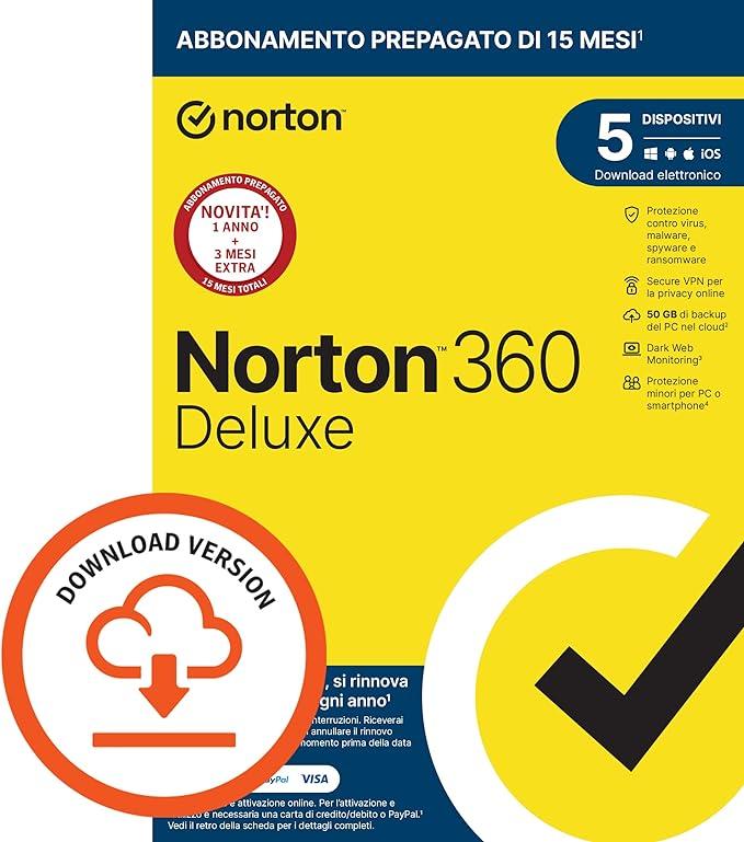 Norton 360 Deluxe 2024, Antivirus per 5 dispositivi, Licenza di 15 mesi con rinnovo automatico, PC, Mac, tablet e smartphone, Codice d'attivazione via email