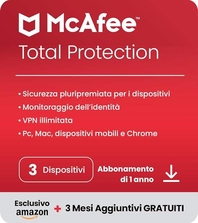 McAfee Total Protection 2023 | Esclusiva Amazon |3 dispositivi| Software antivirus per la sicurezza in Internet | VPN Illimitata | 12 mesi + 3 | Codice d'attivazione via email