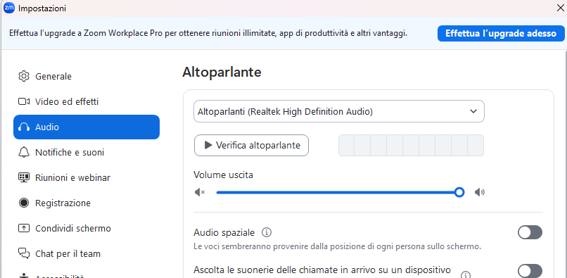 Funziona il video ma non si sente l'audio di Zoom
