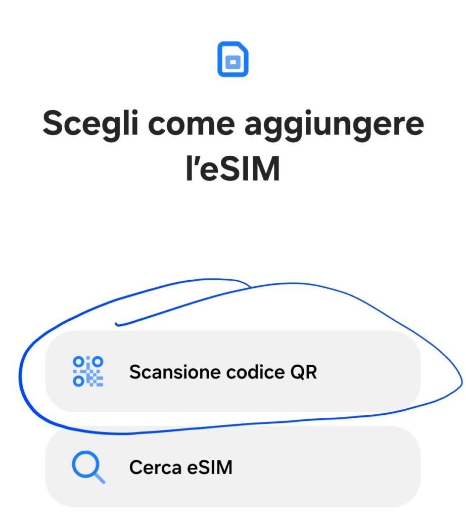 attivare eSIM smartphone Aggiungi eSIM QR Code