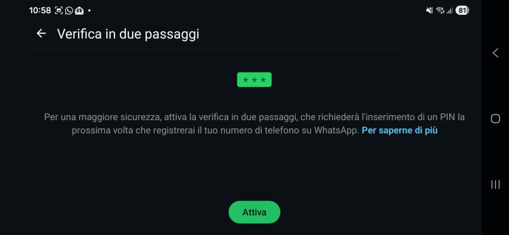 verifica in due passaggi WhatsApp attiva
