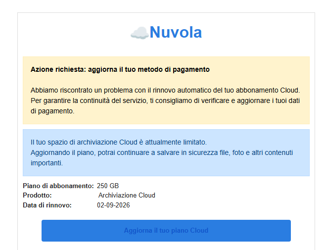 email falsa account cloud bloccato