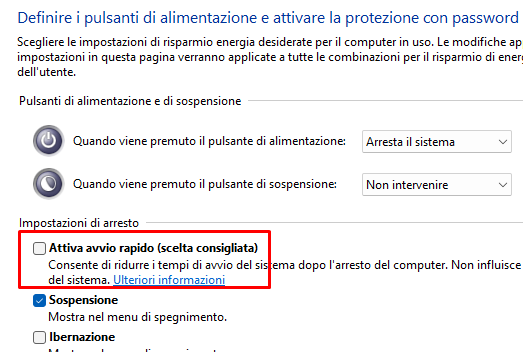 disattivare avvio rapido impostazione energia alimentazione