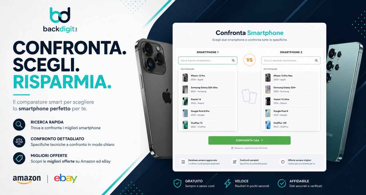 Confronta smartphone gratis su BACKdigit: compara le specifiche tecniche di oltre 380 modelli, scopri le differenze tra Samsung e iPhone, Xiaomi vs OnePlus, e scegli lo smartphone giusto per te.