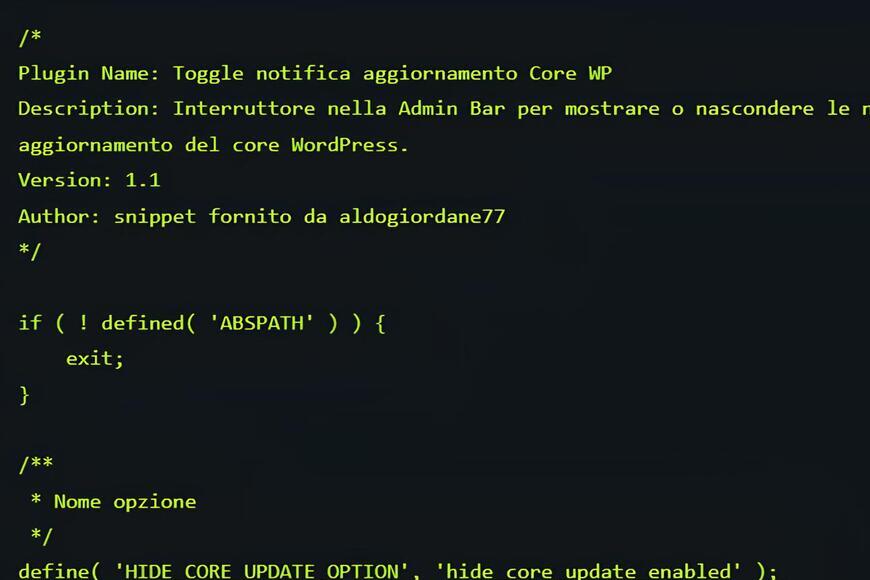 Bloccare avvisi aggiornamento WordPress con interruttore nella barra admin