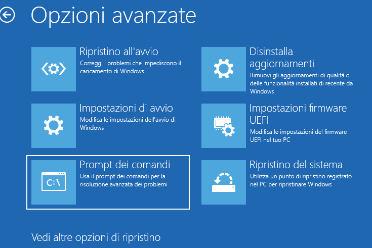 Risoluzione dei problemi > Opzioni avanzate > Prompt dei comandi. resettare password windows