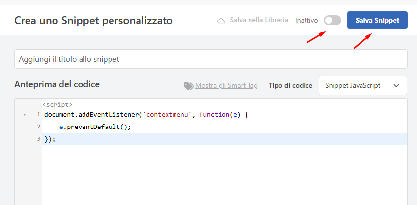 impedire il click destro in WordPress Salva e attiva lo snippet