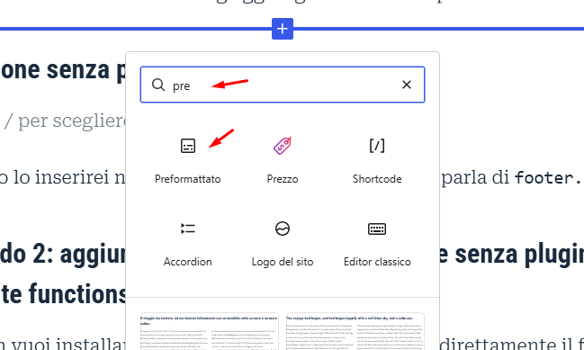 blocco preformattato pulsante copia codice WordPress senza plugin