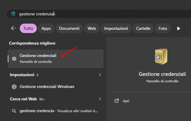 Start → Cerca "Gestione Credenziali" → Apri come trovare password salvate in Windows