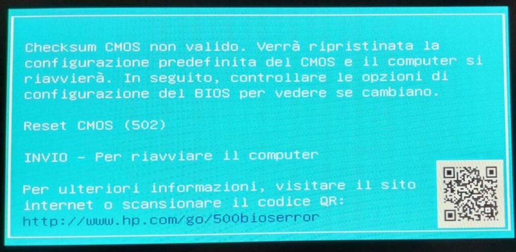 Reset CMOS (502) HP: come risolvere l'errore Checksum CMOS non valido