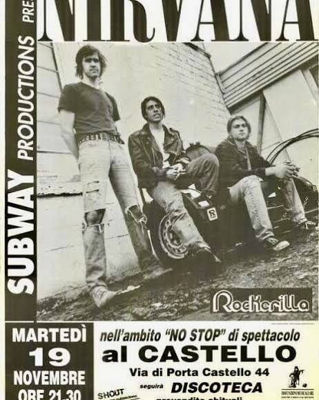 Locandina in bianco e nero del nirvana tour italia con i tre membri della band in posa presso il Castello di via Porta