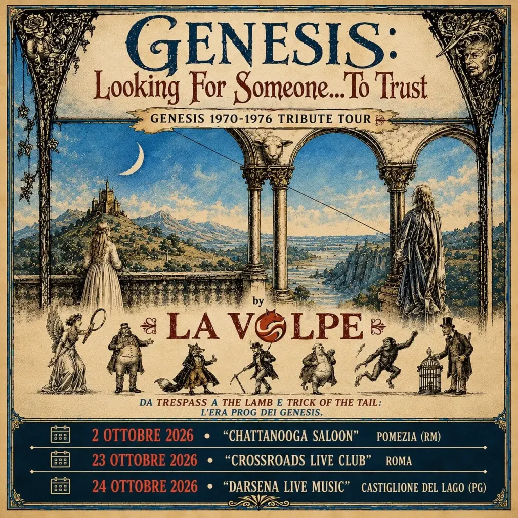 Locandina del tour 2026 della tribute band LA VOLPE che celebra i Genesis con illustrazioni in stile vintage e date dei live