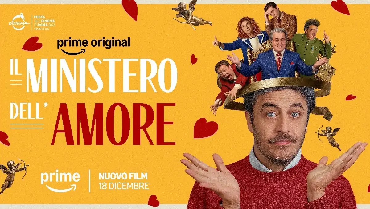 Locandina del film Prime Original Il Ministero dell'Amore con il cast sopra la testa di un uomo su sfondo giallo con cuori