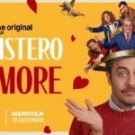 Locandina del film Prime Original Il Ministero dell'Amore con il cast sopra la testa di un uomo su sfondo giallo con cuori