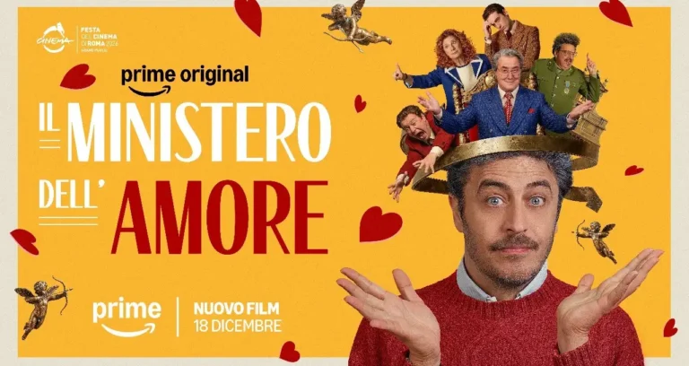 Locandina del film Prime Original Il Ministero dell'Amore con il cast sopra la testa di un uomo su sfondo giallo con cuori
