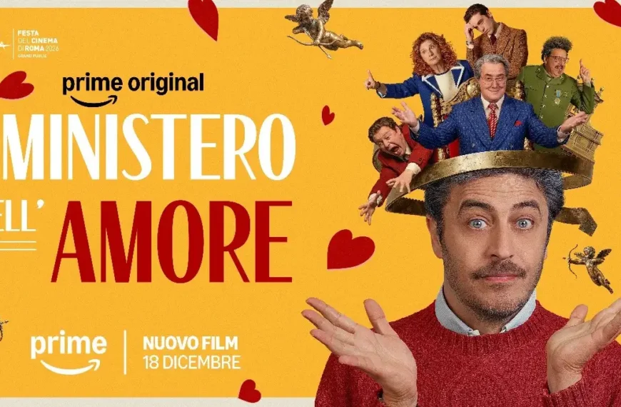 Locandina del film Prime Original Il Ministero dell'Amore con il cast sopra la testa di un uomo su sfondo giallo con cuori