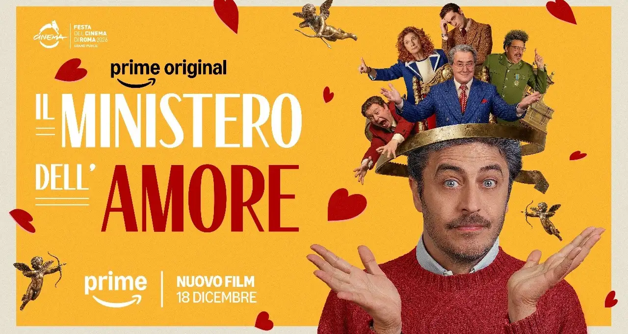 Locandina del film Prime Original Il Ministero dell'Amore con il cast sopra la testa di un uomo su sfondo giallo con cuori