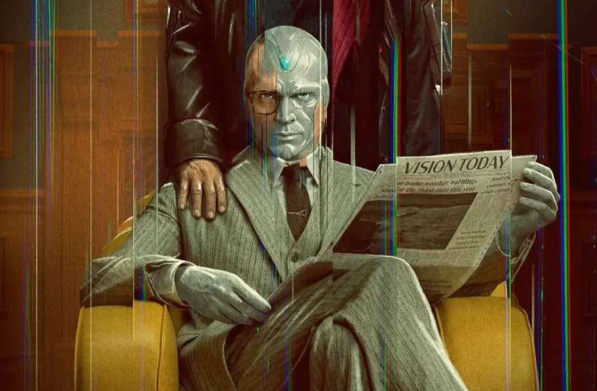 Vision siede su una poltrona gialla leggendo il giornale Vision Today in un'immagine con effetto glitch per Marvel