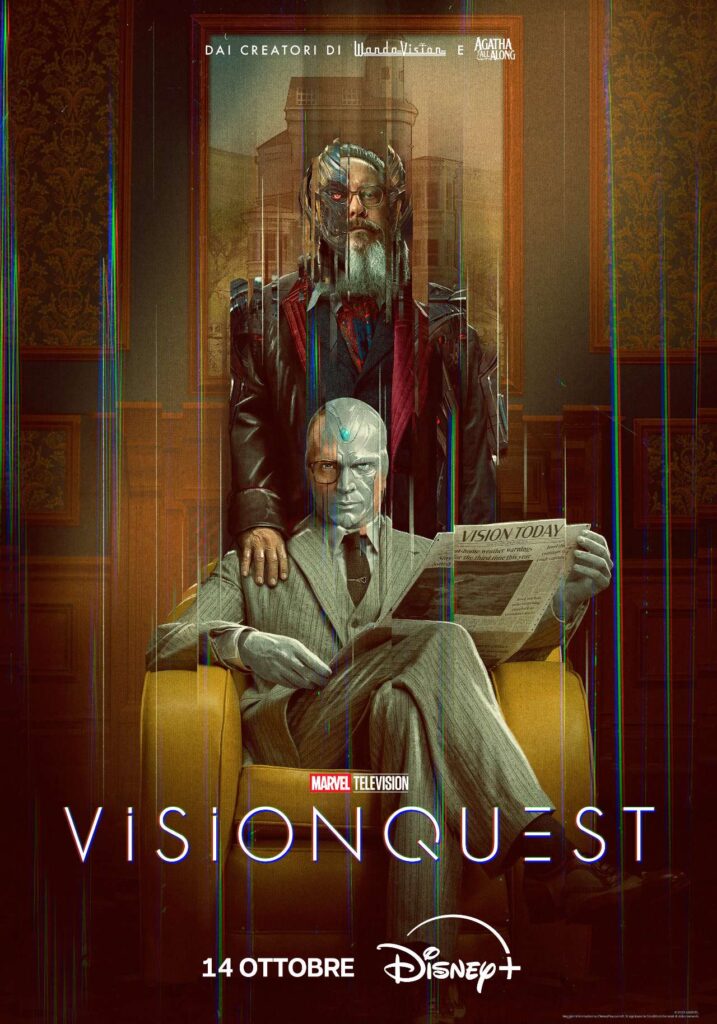 Manifesto di VisionQuest con Visione seduto su poltrona gialla che legge il giornale "Vision Today" e Visione oscuro in