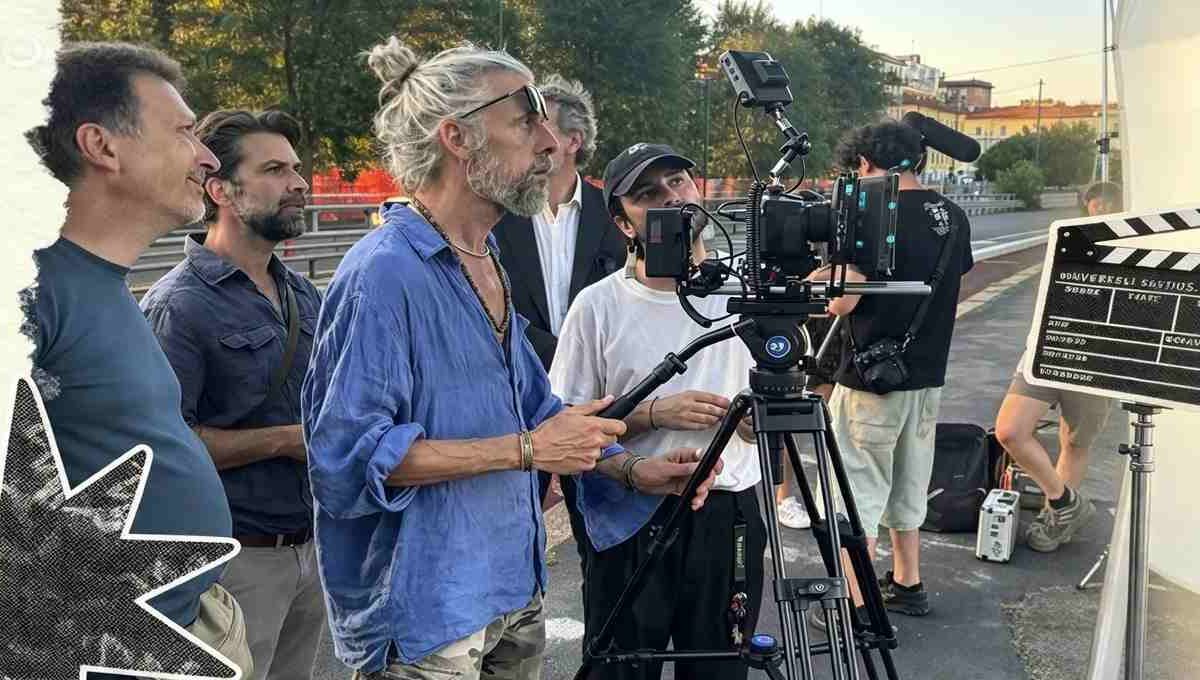 Troupe cinematografica al lavoro sul set del film Gelato al cioccolato a Milano con cinepresa su cavalletto e ciak in primo