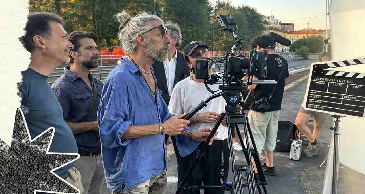 Troupe cinematografica al lavoro sul set del film Gelato al cioccolato a Milano con cinepresa su cavalletto e ciak in primo