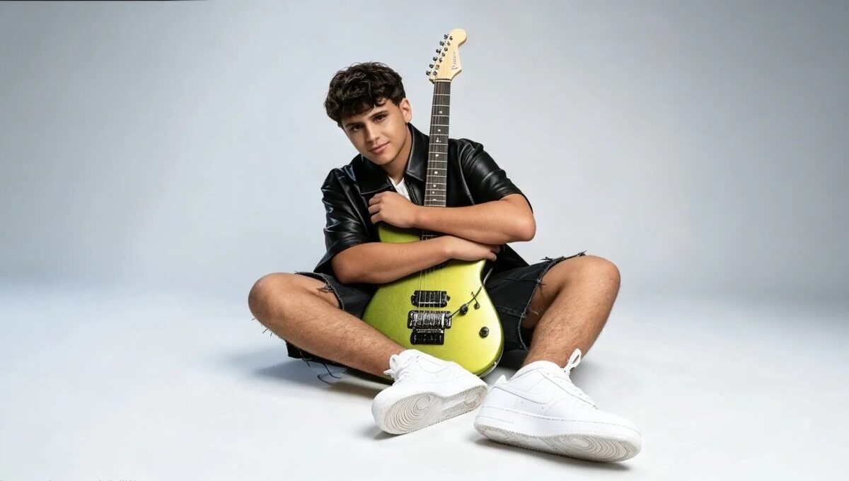 Matteo Trullu, protagonista di JESC 2026, seduto a terra con una chitarra elettrica verde e abbigliamento casual su sfondo