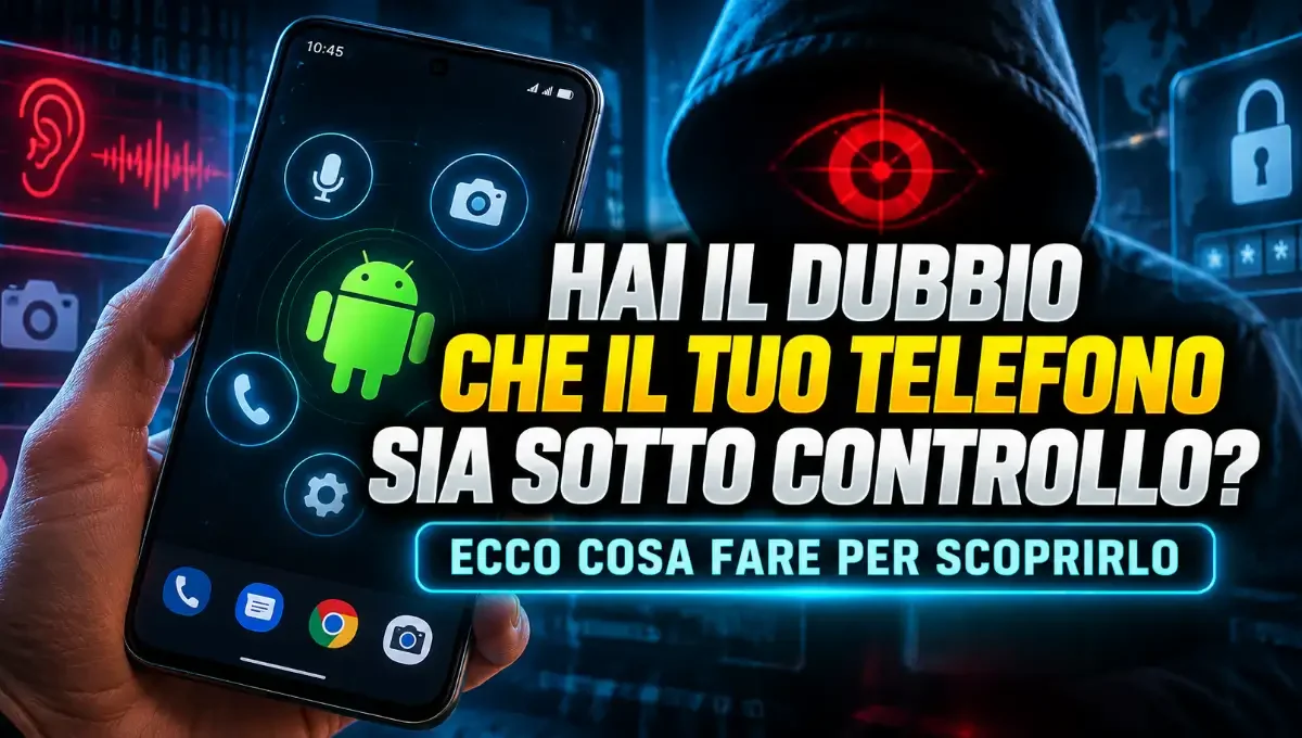 Mano che tiene uno smartphone con icone Android e scritte su come capire se il telefono è sotto controllo in stile hacker