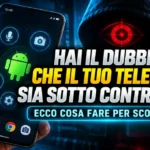 Mano che tiene uno smartphone con icone Android e scritte su come capire se il telefono è sotto controllo in stile hacker