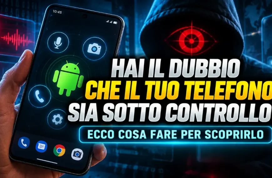 Mano che tiene uno smartphone con icone Android e scritte su come capire se il telefono è sotto controllo in stile hacker