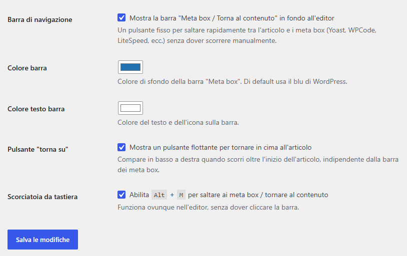 meta box WordPress 7 Impostazioni