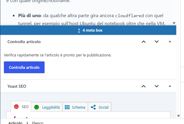 Pulsante blu Controlla articolo nell'interfaccia di WordPress per verificare l'articolo con WPCode prima della pubblicazione