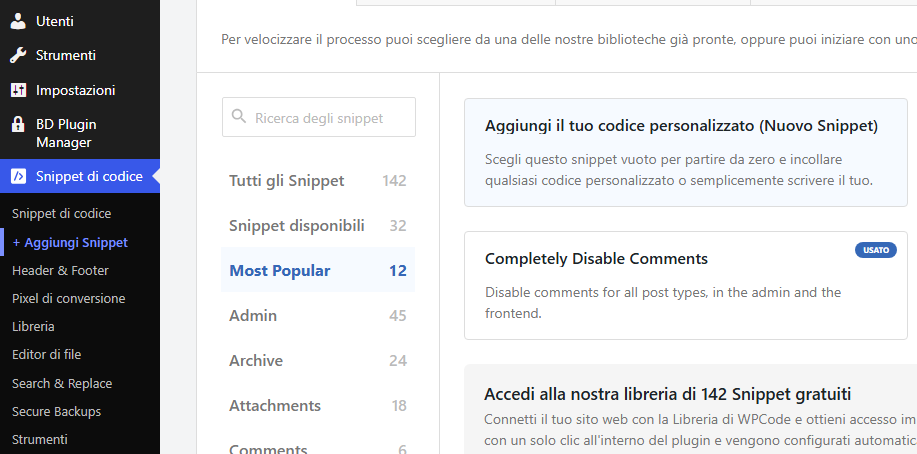 Interfaccia del plugin WPCode in WordPress con l'elenco degli snippet e l'opzione per aggiungere un nuovo codice