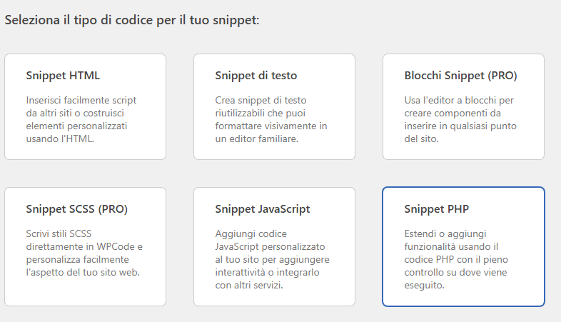 Interfaccia di WPCode con le opzioni per creare snippet, tra cui è selezionato Snippet PHP per controlla articolo wordpress