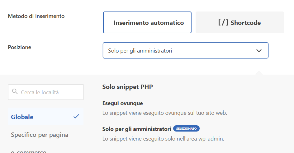 Impostazioni di WPCode per duplicare articolo WordPress con selezione dell'esecuzione solo per gli amministratori