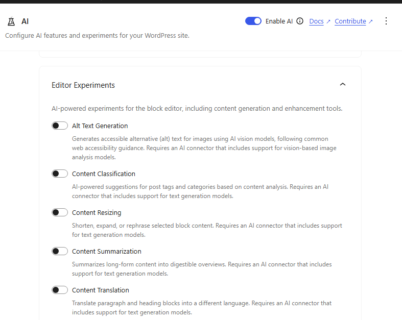 Connettori WordPress 7 impostazione ai