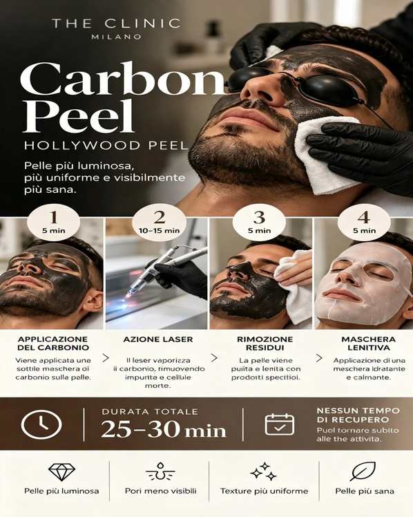 Infografica del trattamento Carbon Peel Hollywood che mostra le quattro fasi del processo e i benefici per una pelle glow