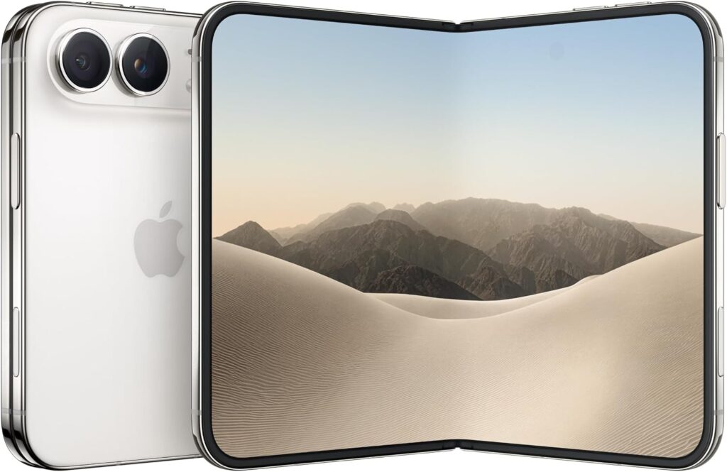 iPhone Duo bianco aperto con schermo pieghevole che mostra un paesaggio desertico accanto al retro del dispositivo
