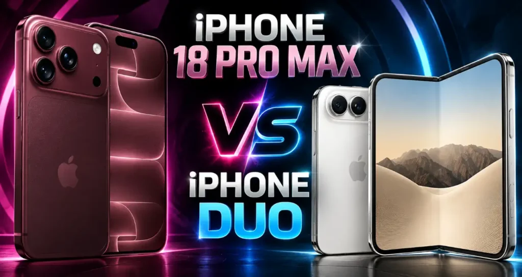 Confronto grafico tra iPhone 18 Pro Max color bordeaux e iPhone Duo pieghevole color argento per l'articolo iphone duo