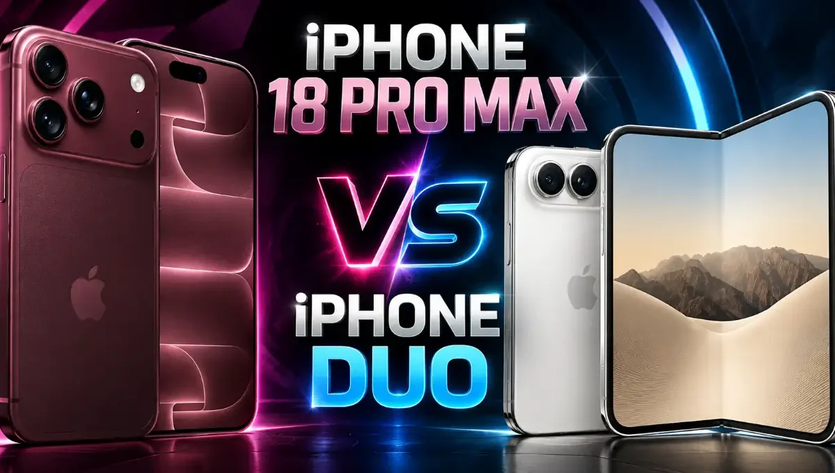 Confronto grafico tra iPhone 18 Pro Max color bordeaux e iPhone Duo pieghevole color argento per l'articolo iphone duo