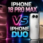 Confronto grafico tra iPhone 18 Pro Max color bordeaux e iPhone Duo pieghevole color argento per l'articolo iphone duo